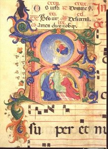 Missal 515 f.42r Történetiesített R kezdőbetű, amely az Evangéliumot ábrázolja, 1448-49.